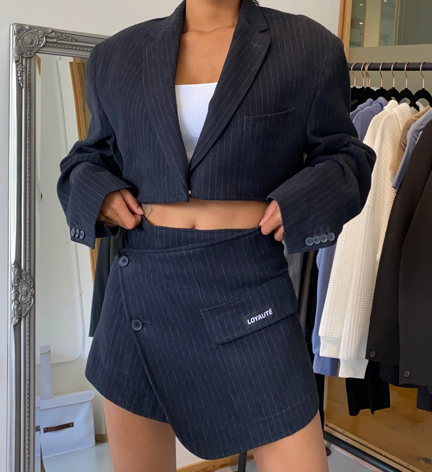 NAVY BLUE SUEDE STRIPED SKIRT