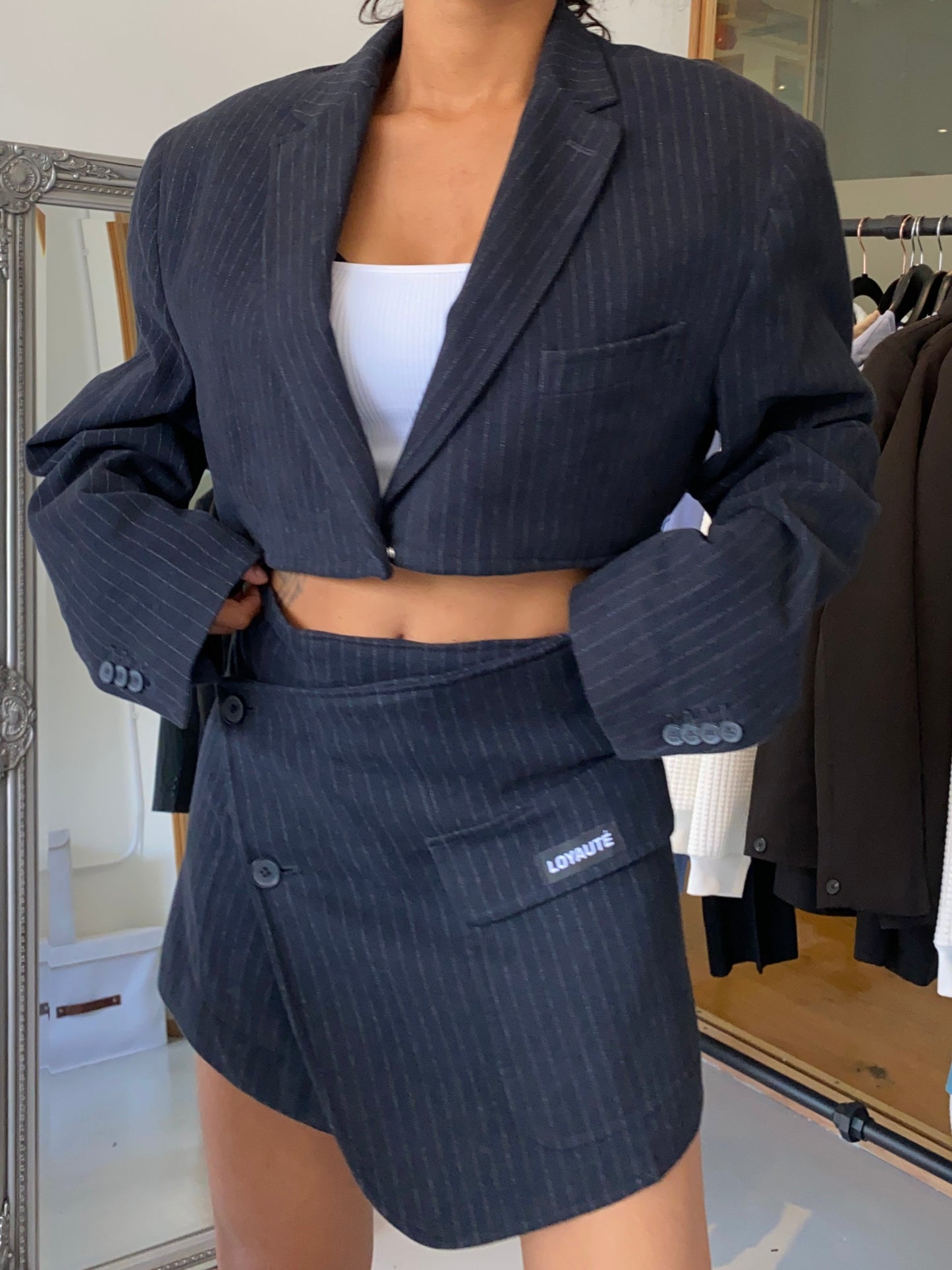 NAVY BLUE SUEDE STRIPED BLAZER
