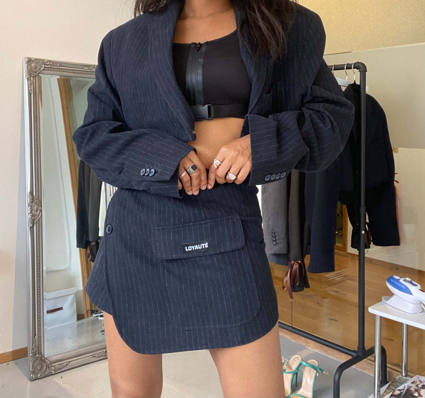 NAVY BLUE SUEDE STRIPED SKIRT