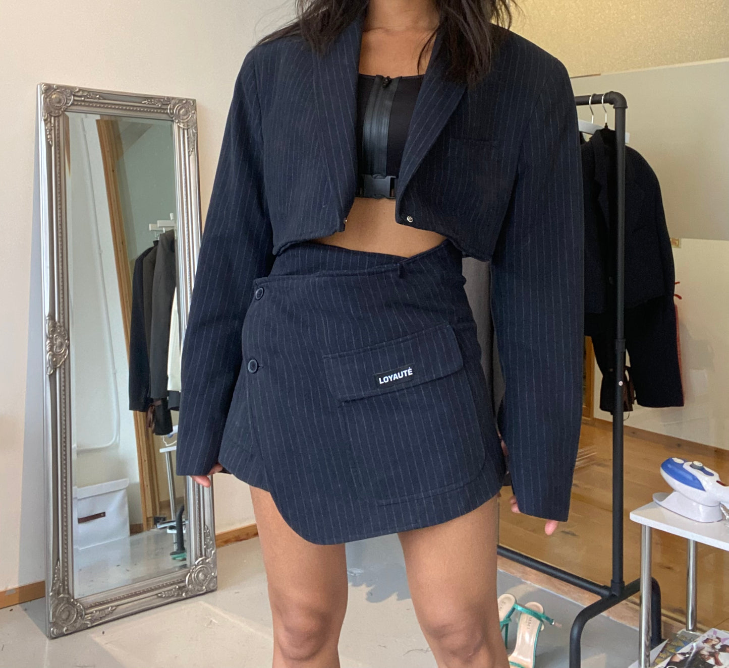 NAVY BLUE SUEDE STRIPED SKIRT